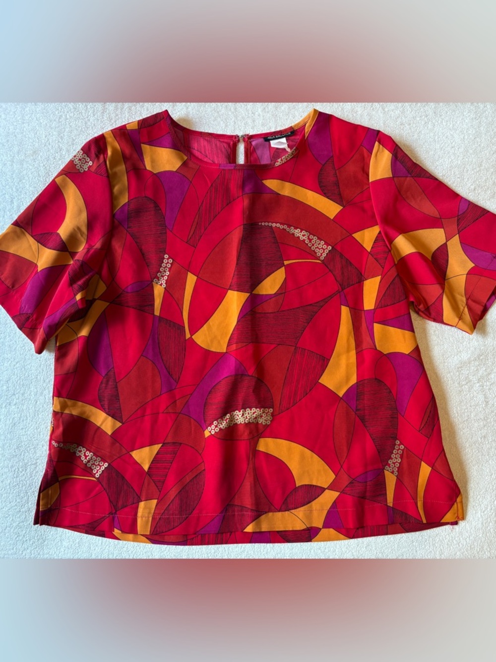 Vintage Vibrant Abstract Geometric Print Women’s Short Sleeve Blouse, Red Sz 2XL